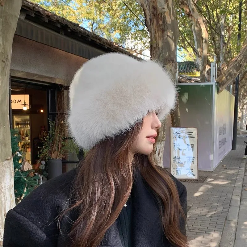 2PCS Fashion Hat Women's Winter Snow Ski Cap Thick Warm Imitation Fur Bucket Hat Fisherman's Hat Mink Fur Ladies Mongolia Cap