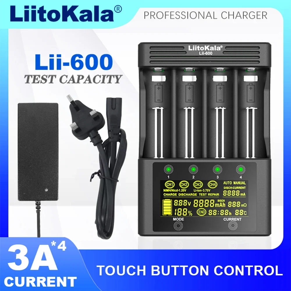 LiitoKala Lii-600 Lii-500S Lii-PD2 18650 caricabatteria, 3.7V 18350 18500 21700 25500 26650 AA AAA NiMH caricabatteria al litio