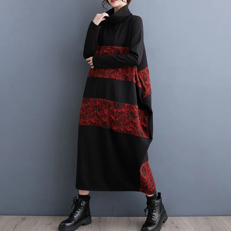 

#4015 Turtleneck Dress Women Spliced Color Midi Dress Female Long Sleeve A-line Asymmetrical Sweatshirt Dress Femme Autumn 2023