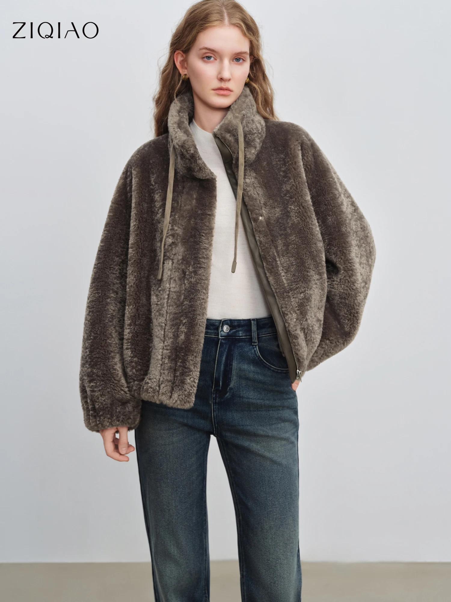 ZIQIAO 2025 Winter Women's Short Stand Collar Faux Fur Coat - Eco-Friendly Plush Material Outerwear for Casual Outdoor Wear