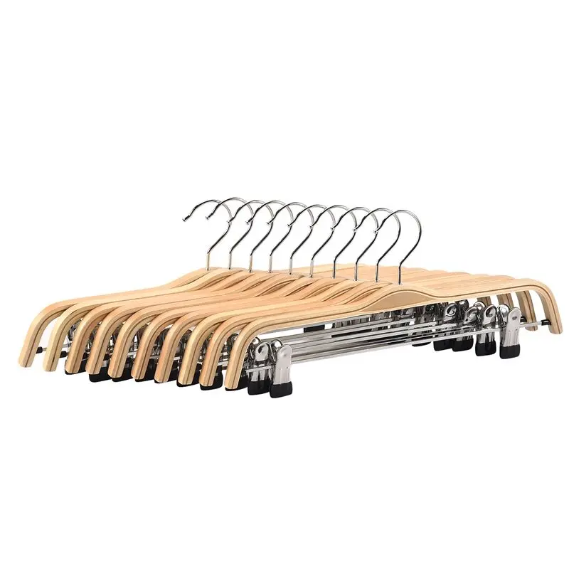 

10 Pack Solid Finish Wooden Trousers/Skirt Hangers With Anti-Rust Clips Coat Clothes Hangers-[A22I Store]