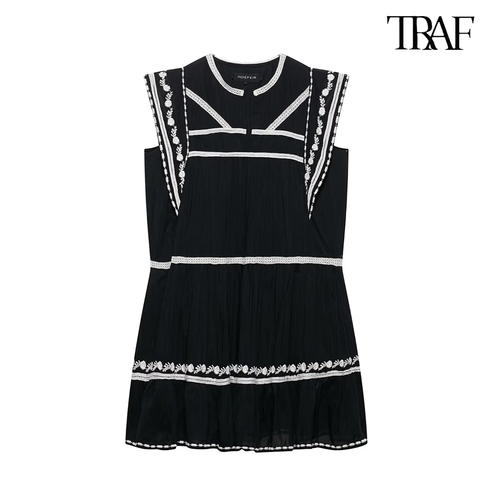 

TRAF Women's New Sleeveless Sexy Clashing Colour Embroidery Dress Casual Fashion Elegant Temperament Summer Street Women's