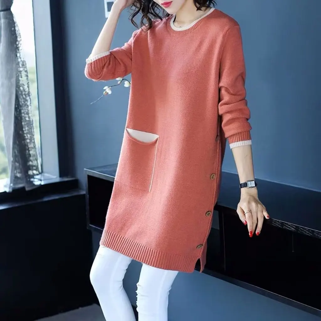 

Women's Korean Style Knitwear Outer Sweater Autumn Winter Loose Mid-Length Pullover Bottoming Skirt Top