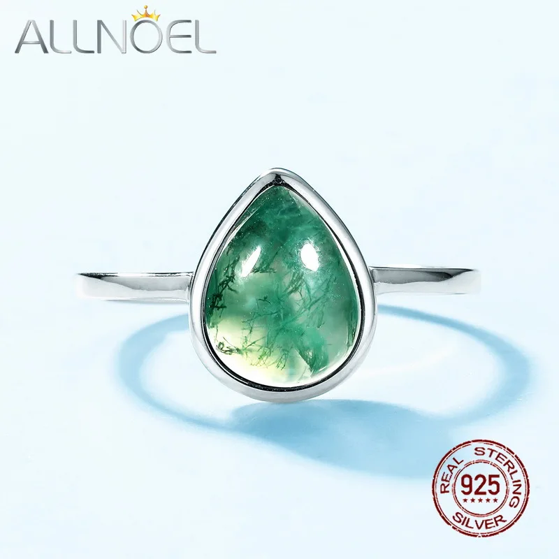 

ALLNOEL 925 Sterling Silver Pearl Cut 7x9mm Natural Moss Agate Gemstones Retro Style Jewelry for Women Men Party Wedding Gifts
