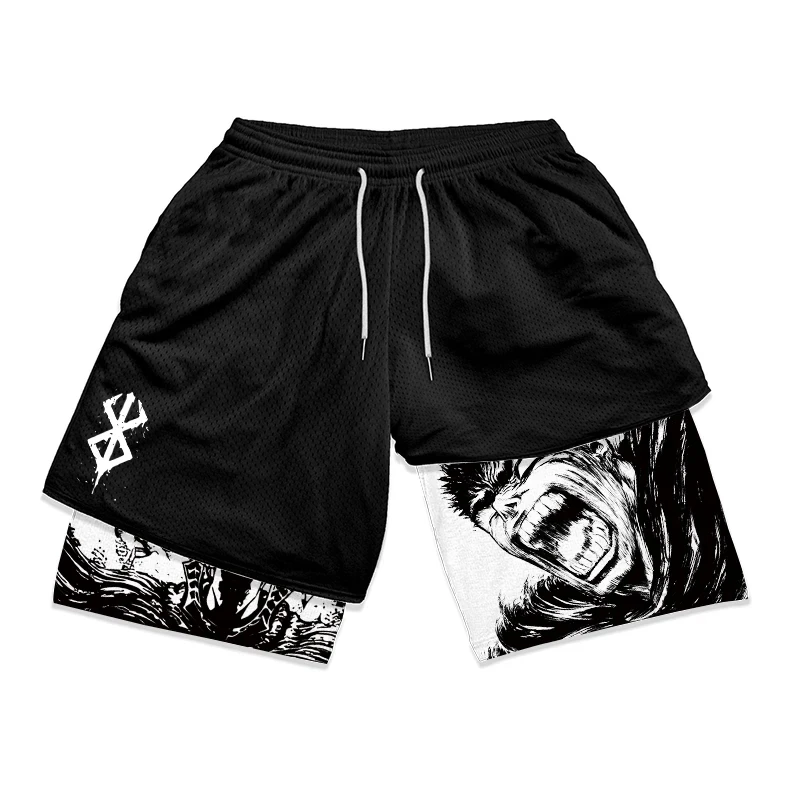 Berserk Print 2 in 1 Running Shorts for Men Gym Workout Fitness Athletic Shorts with Pockets Summer Activewear Quick Dry Stretch