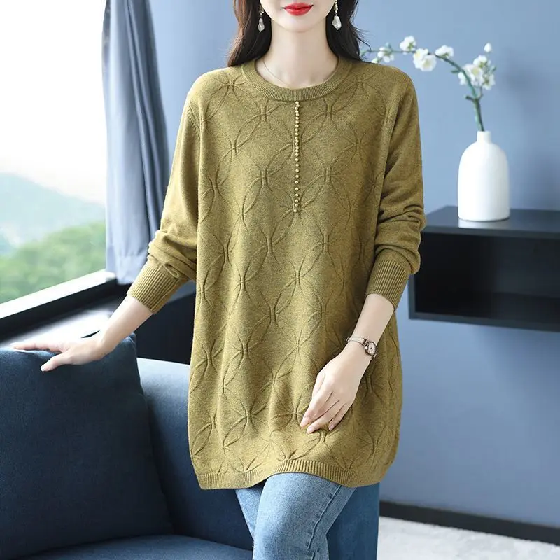 

Long Sweater Bottoming Shirt Ladies 2026 Autumn Winter New High Quality Round Neck Knitwear Loose Jacquard Mother Pullover Woman