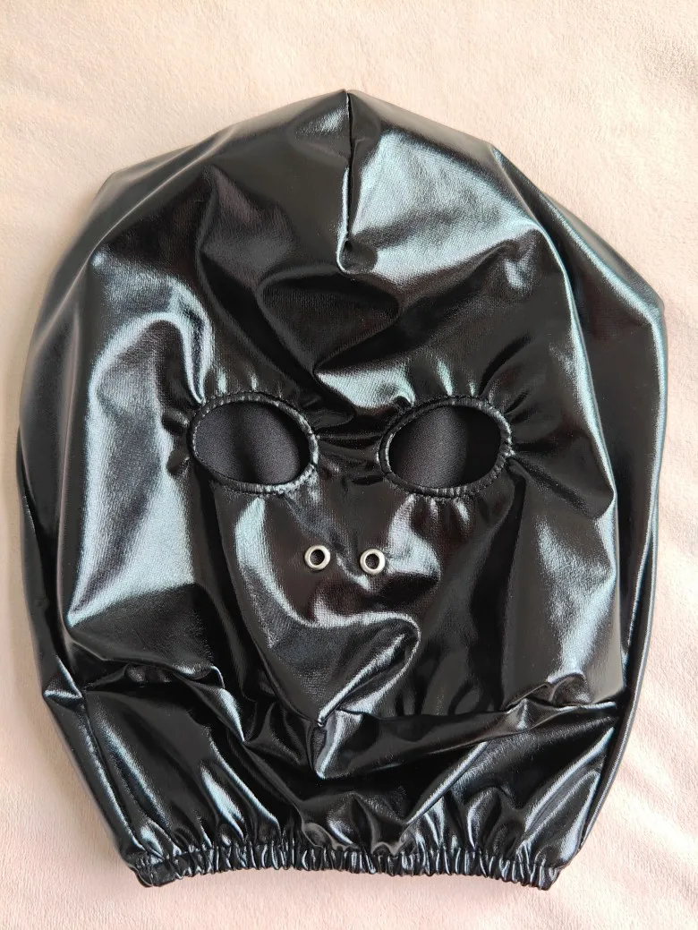 Disfraz de Zentai con capucha negra para adultos, accesorios de fiesta, máscara de Cosplay de Halloween, máscara metálica brillante, ojos abiertos, fosas nasales