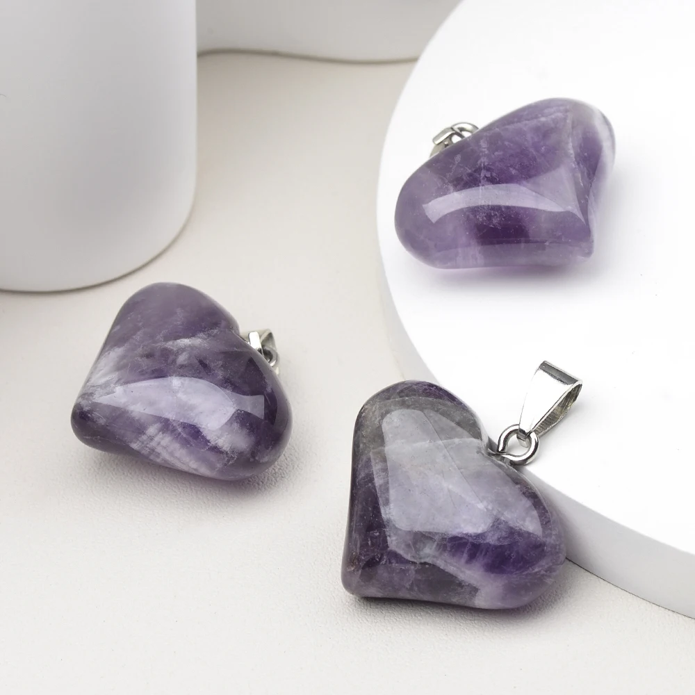 Semi-Precious Gemstone Love Heart Shaped Natural Stone Pendants Tiger Eye Amethyst Agate DIY Necklace Jewelry