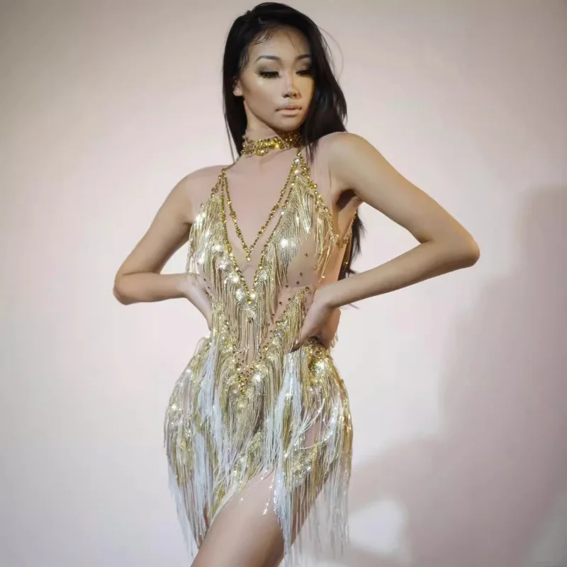 

Tassel Gold Jazz Dance Performance Suit Talent Live Dance Suit Latin Dance Competition Suit Dancing Tassel Skirt