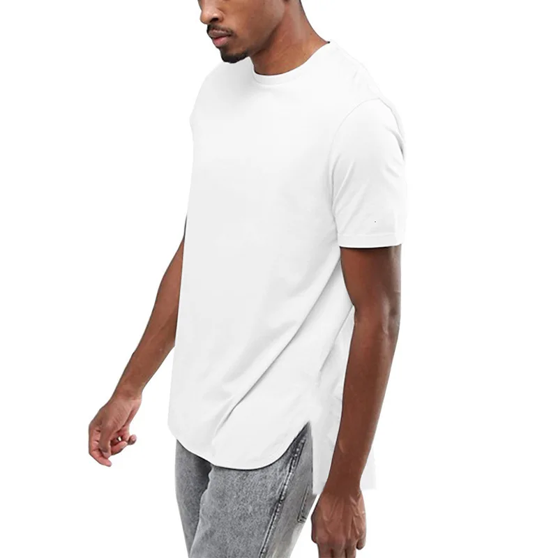 Oversize Loose Front Hem Arc Lengthened Men's Bottom T-shirt with Side Split High Street Solid Short Sleeves