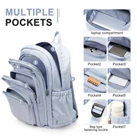 Mochila casual de nailon, mochila para mujer, diseño multibolsillo en azul claro duradera para la escuela, la escuela secundaria y la universidad