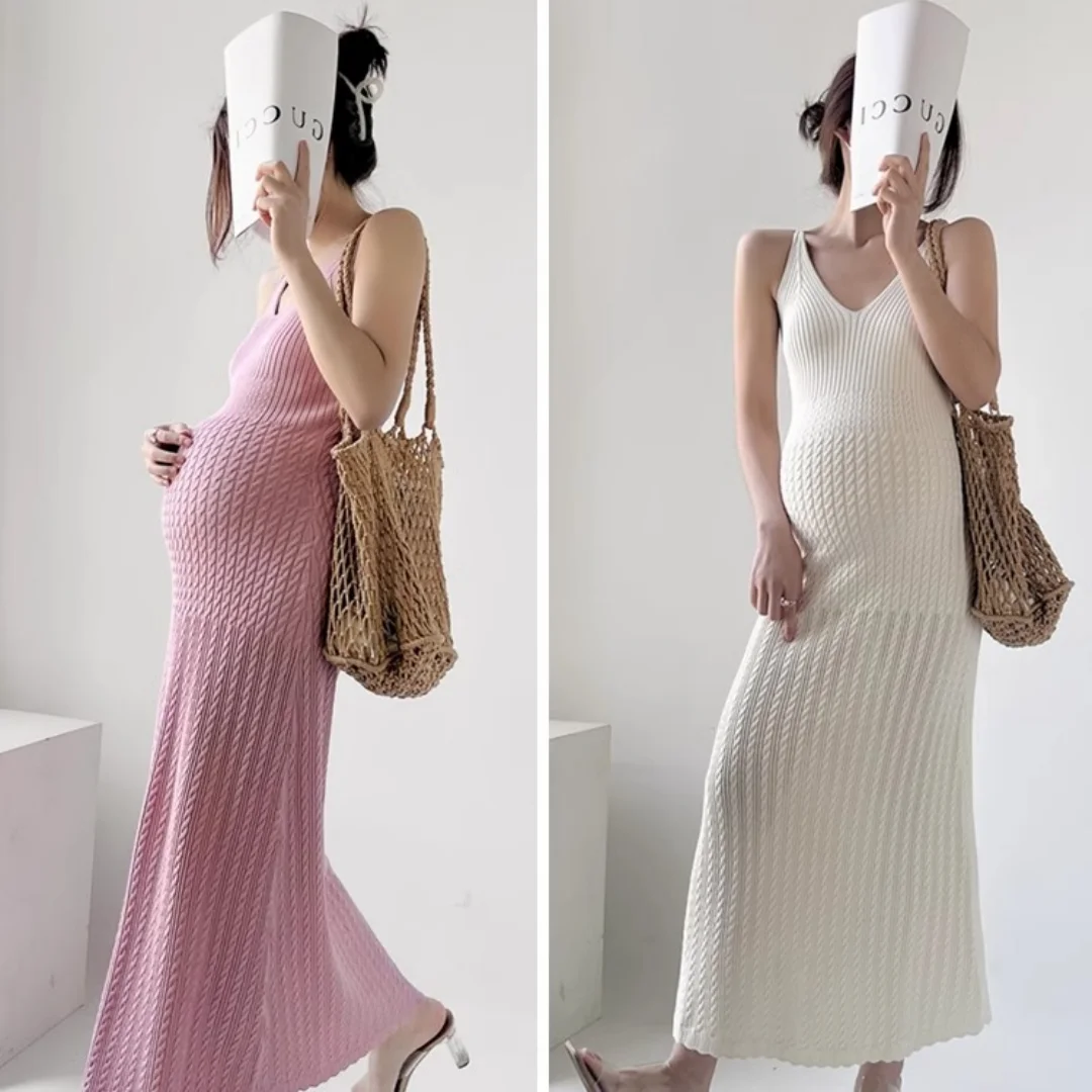 Pregnant Woman Strap Drss 2026 New French Style Maternity Dress V-neck Knitted Cami Dress Slim Inner Wear For Summer Holiday