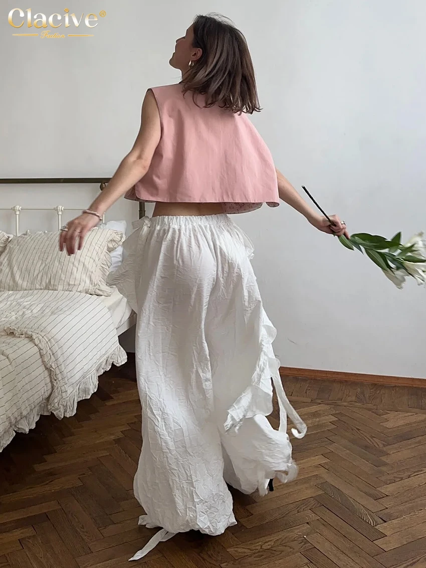 Clacive Fashion Loose Blue Women Pants 2025 Casual High Waist Wide Trousers Elegant Classic Solid Ruffles Pants Female Clothing