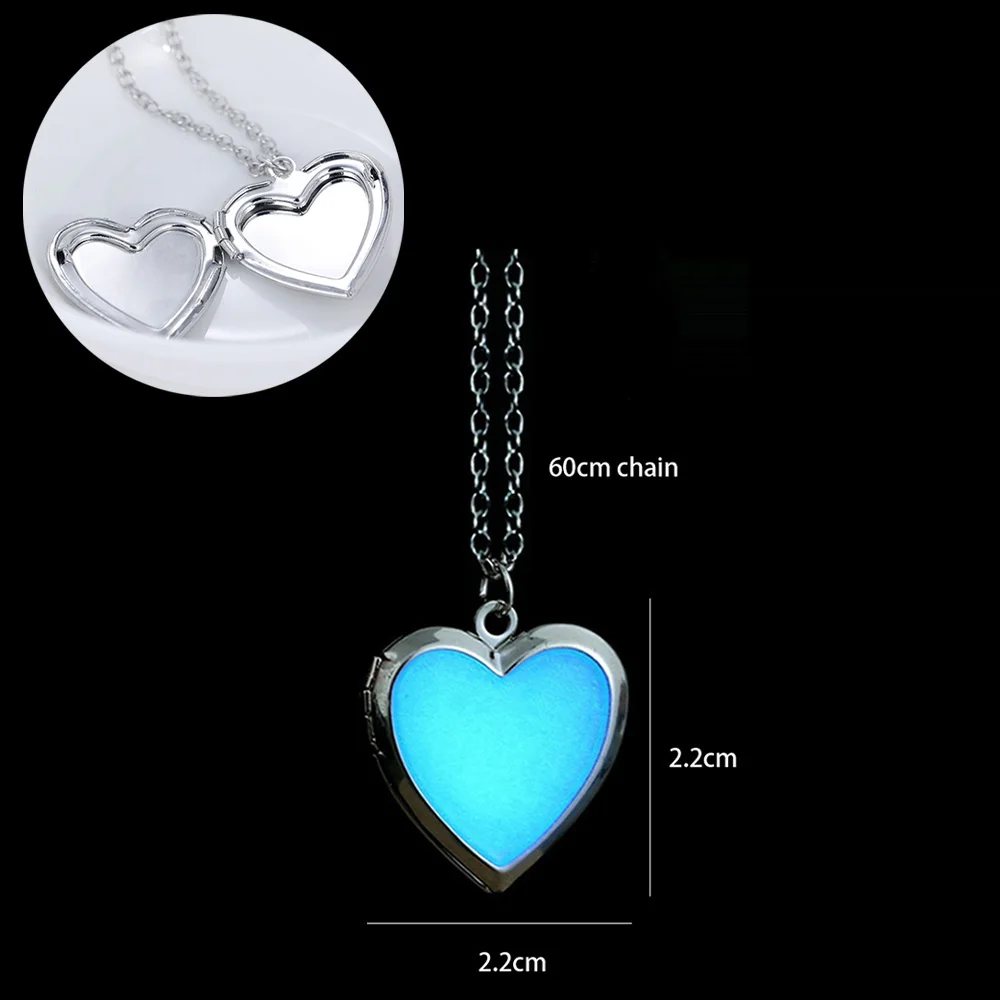 Glow In The Dark Heart Photo Locket Pendant for Women Men Openable Family Love Collar Necklace Luminous Halloween Gift