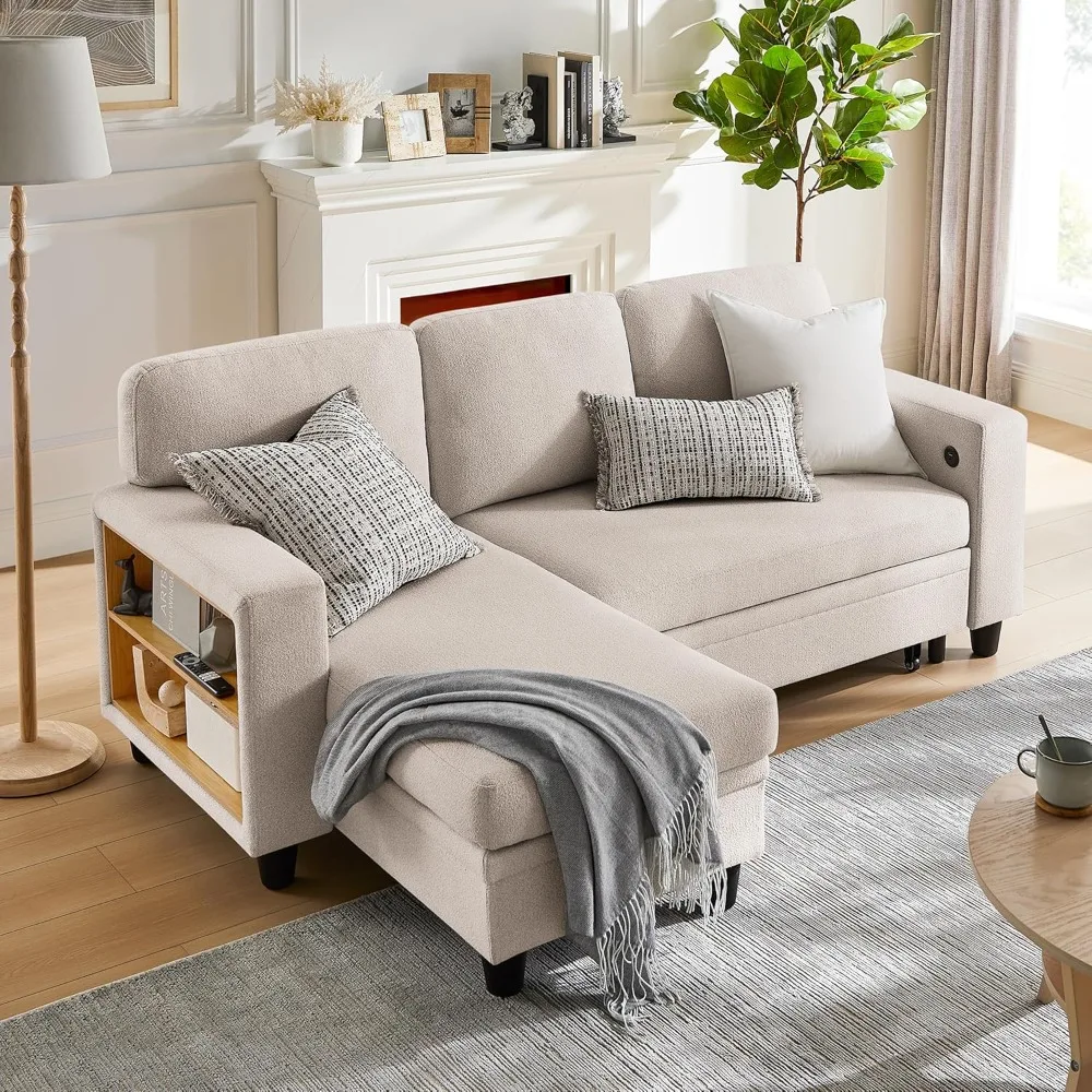 

80”Sleeper Sofa Bed,L-Shaped Convertible Sectional Striped Couch Bed with Storage Chaise,2 Built-in Bookshelves and USB