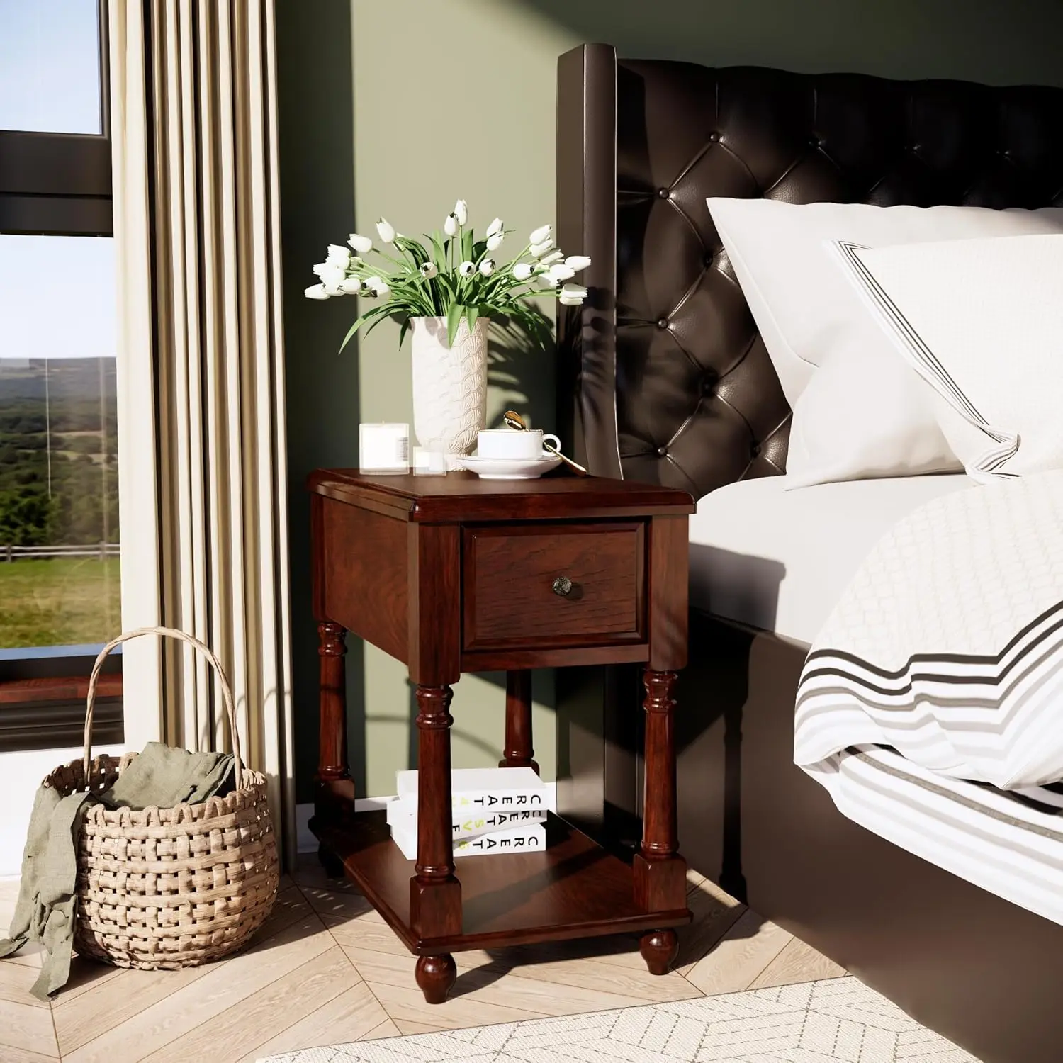 طاولة ذات نهاية ضيقة مع درج ورف، طاولة أريكة رفيعة من الخشب الصلب، 22 بوصة لتر، جوز داكن، مجموعة بدون أدوات #3