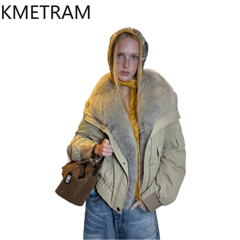 KMETRAM 90 White Goose Down Whole Skin Fox Fur Parka Coat 2026 Autumn Winter Vintage Short Fur Jacket Outerwear Casaco Feminino