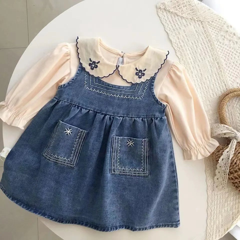 

Spring Children Girls 2PCS Clothing Set Cotton Floral Embroidery Pullovers Suit Solid Denim Suspender Dress Toddler Girl Outfits