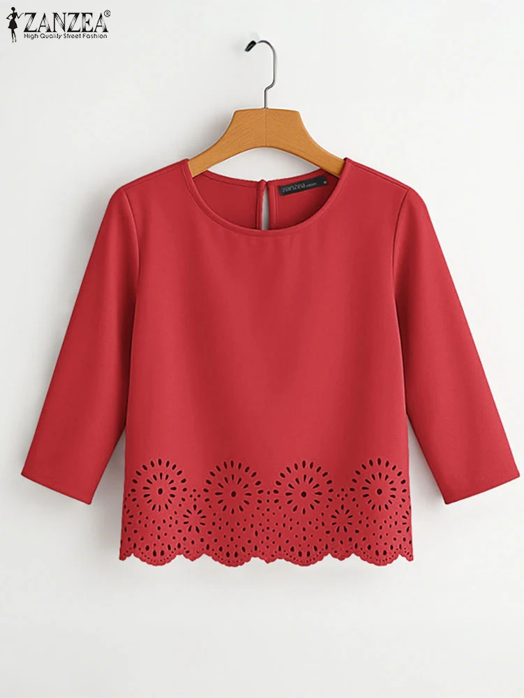 ZANZEA Women Casual Openwork Hem Blouses 2025 Spring Fall Round Neck 3/4 Sleeve Blusas Mujer Elegant Solid Color Everyday Tops