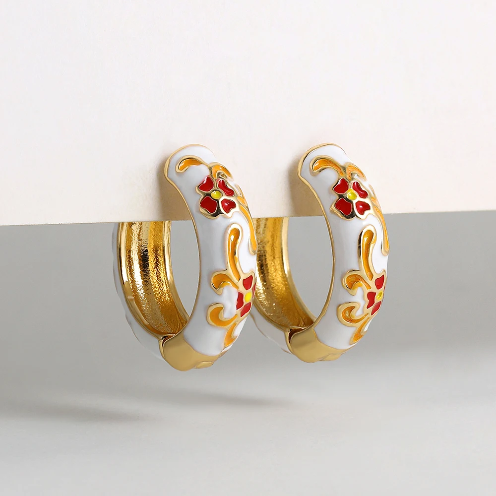 Vintage Colorful Flower Small Hoop Earrings Metal Enamel Flowers and Plants Circle Huggie Hoops Female Trendy Jewelry Gift