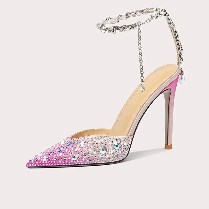 

Summer new pointed satin rhinestone chain wedding shoes thin high-heeled banquet dress large size small size women's sandals