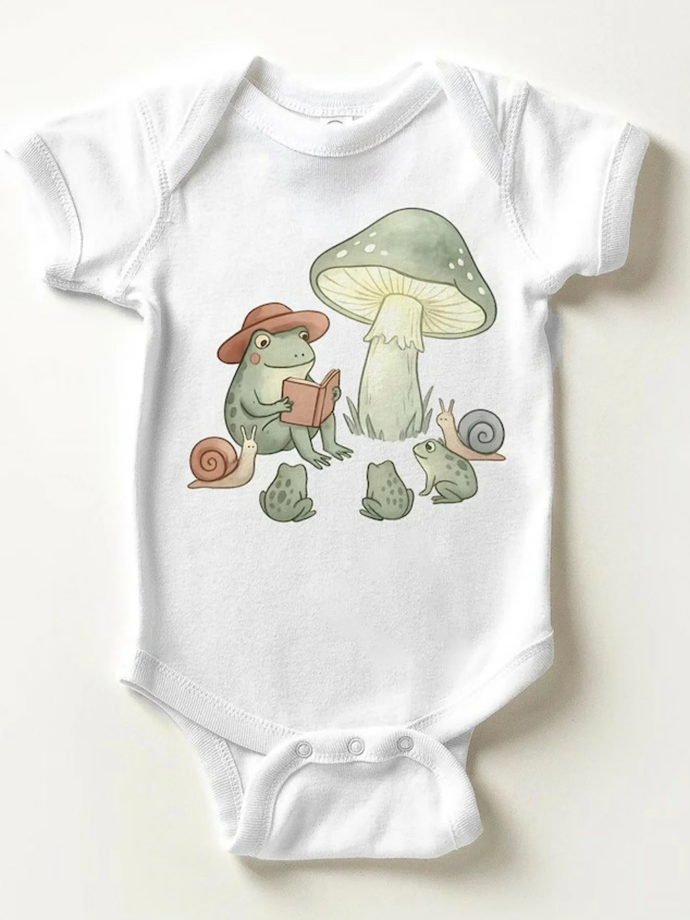 Baby Jumpsuit Fairy Tale Mushroom Frog Print Crotch Snap Design Soft and Breathable Casual Round Neck Fashion Triangle Jumpsuit
