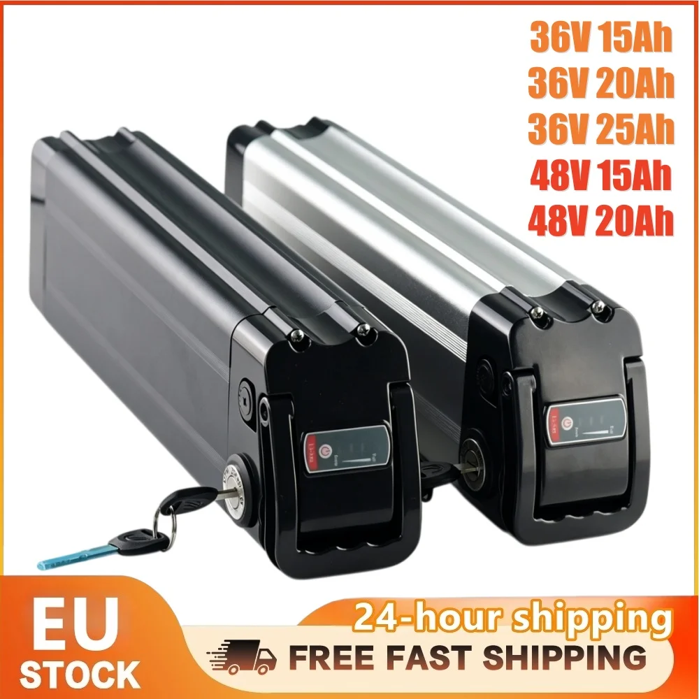 Batteria per e-bike Silver Fish 36V 48V 15Ah 20Ah 25Ah con celle 18650, BMS integrato, pacco batteria ricaricabile per kit motore per bicicletta elettrica Bafang 250W 750W 1000W con caricabatterie 2A