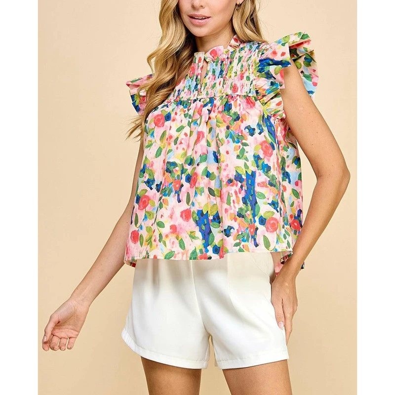 

Combhasaki Women Summer Boho Vintage Colorful Floral Print Shirt Top Smocked V-Neck Ruffle Flying Sleeve Loose Blouse Streetwear