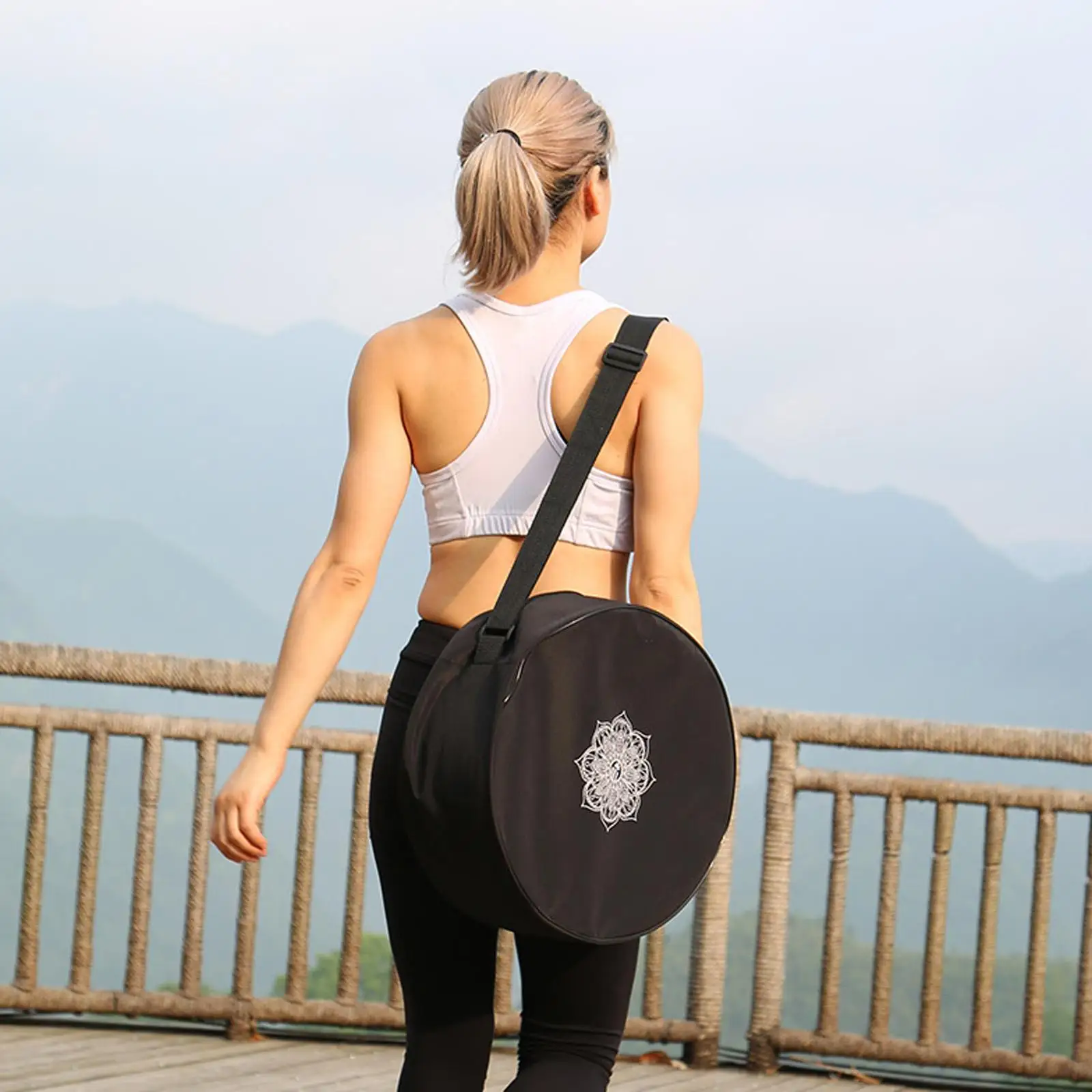 Yoga Wheel Bag Nylon Black Mandala Flower Yoga Circle Bag Yoga Wheel Dharma Wheel Storage Bag Shoulder Fitness Bags