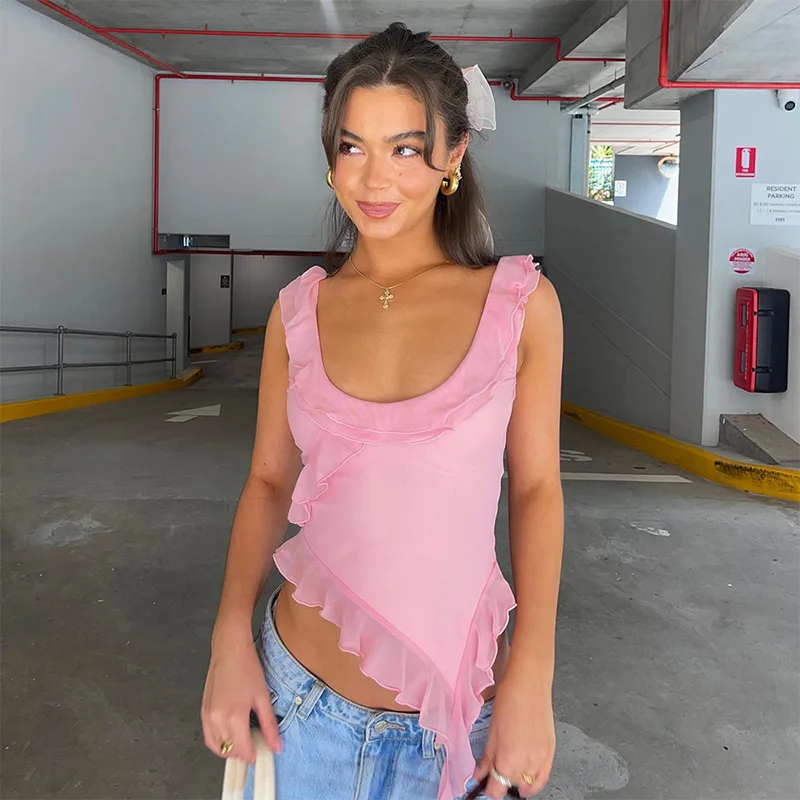 

SKMY Pink Sling Sleeveless T-shirt 2023 Summer Short Versatile Sexy Backless Outwear Irregular High end Fashion Top Casual