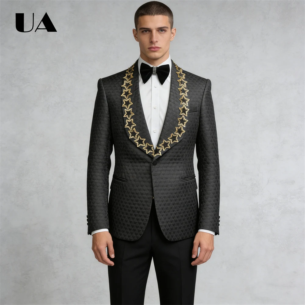 

Three Pieces Formal Suit Attire for Men with Beaded Stars Collar, Jacket Vest Pants, Men's Tailored Slim Fitting Luxury Suit Set