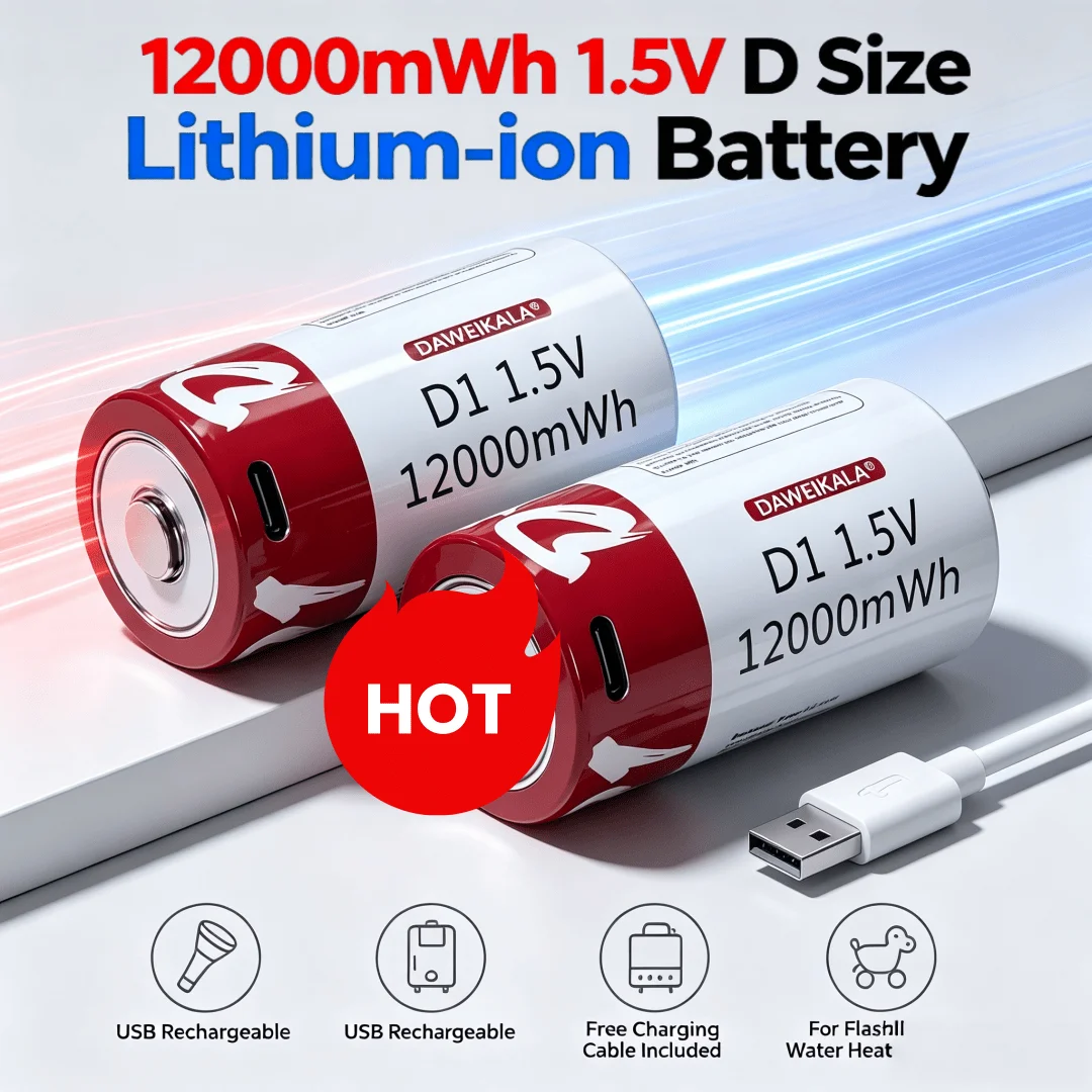 1.5V D Size Lithium-ion Battery USB Rechargeable 12000mWh  for Flashlights Water Heaters Toys Includes Free Charging Cable
