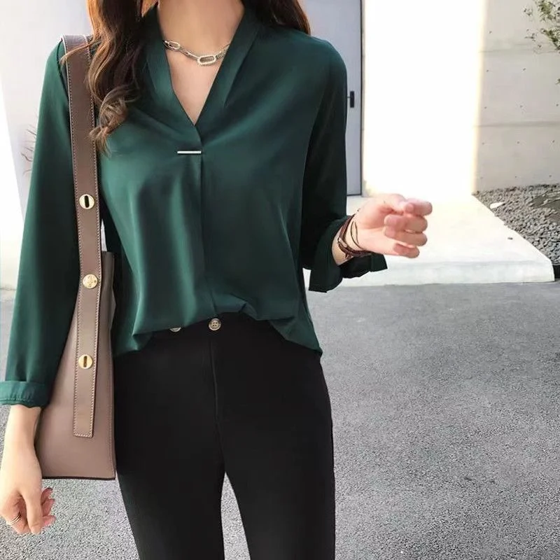 

Spring Autumn New V-neck Long Sleeve Loose Chiffon Top White Simple Base Shirt Women's Korean Professional Outfit