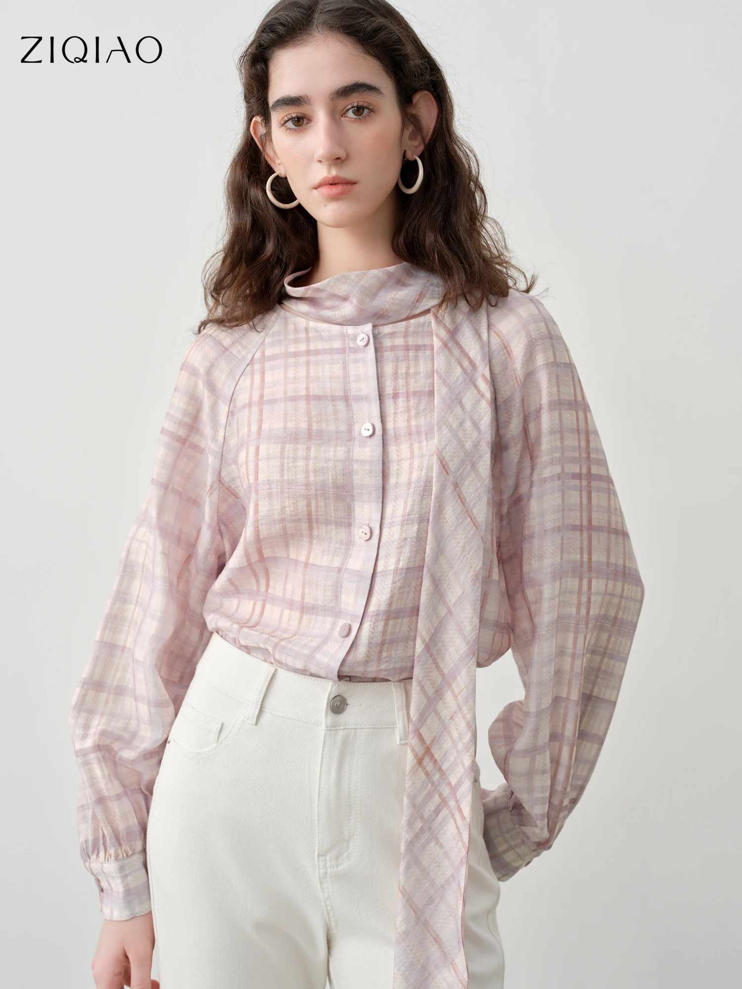 

ZIQIAO French-style Plaid Blouse Ribbon Women's Spring 2026 New Reversible Top Long Sleeve Loose Leisure Sweet Temperament