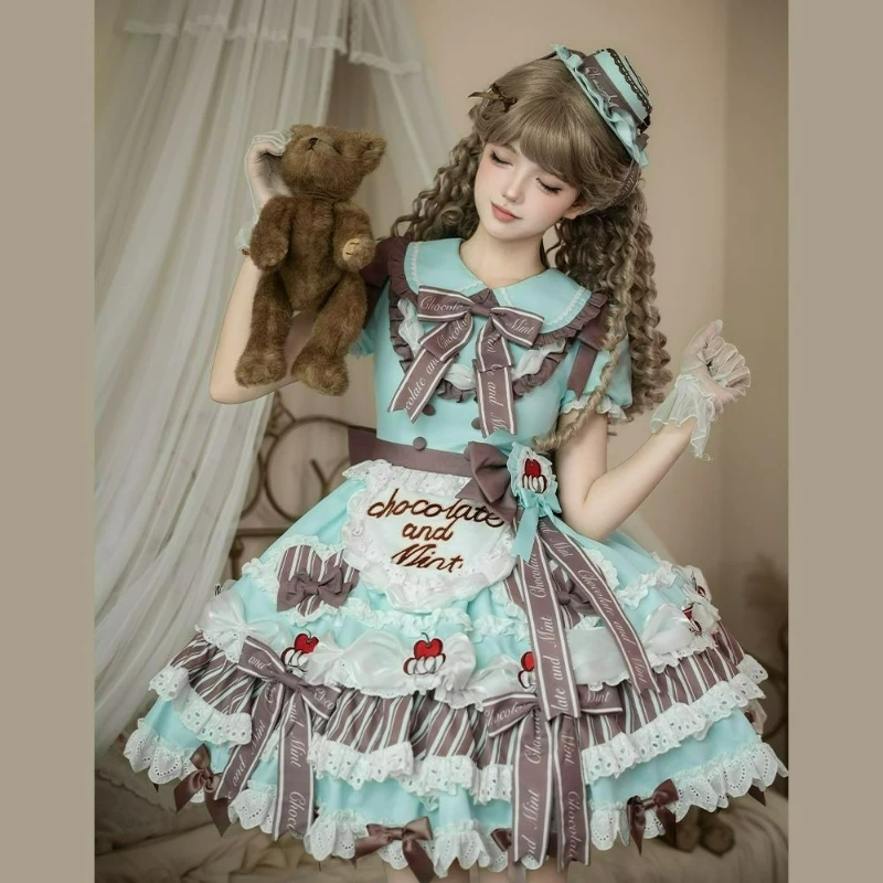 Japanese Victorian Vintage Lolita Style Dress Women Sweet Elegant Bow Peter Pan Collar Princess Dresses Kawaii Party Mini Dress