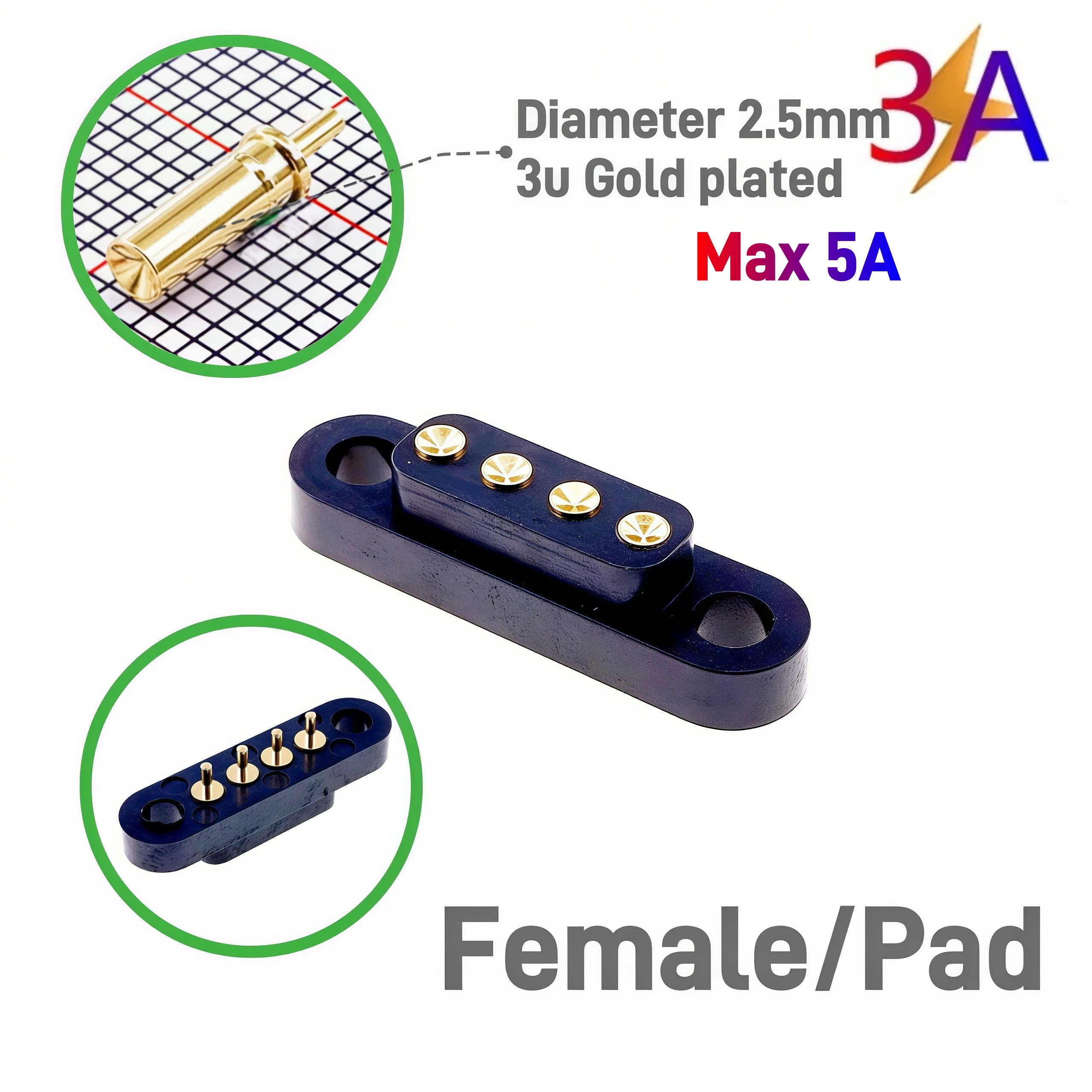 1/3/5 Paar PogoPin-Stecker, 3 A, männlich, weiblich, 4,0 mm Rastermaß, federbelastet, 2, 3, 4, 5-polig, DIP, Durchgangsloch, PCB-Montage, Ohr, vergoldet – Detail 4