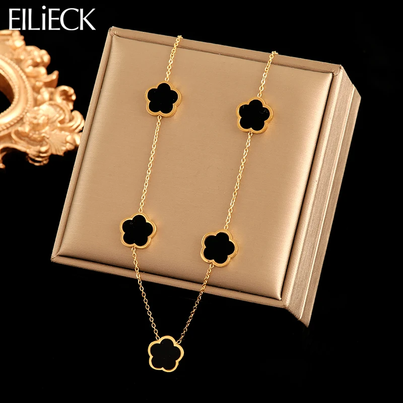 EILIECK 316L Stainless Steel Black 5-Leaf Flower Necklace For Women Fashion New Party Gift Clover Neck Chain Jewelry Collar