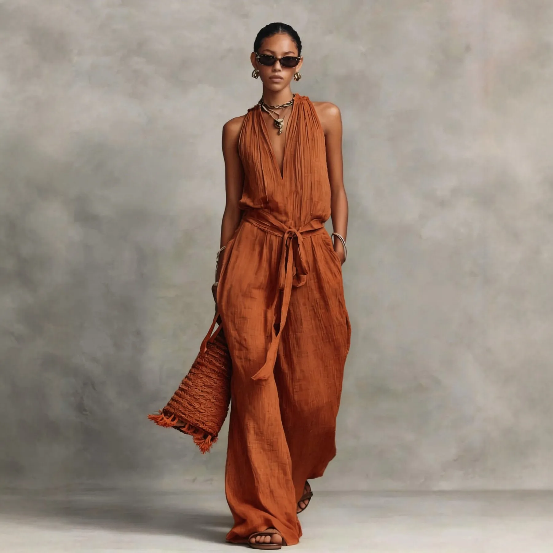 Gaun Musim Panas Wanita Linen Tanpa Lengan, Kerah Gantung, Tanpa Punggung, Tali Serut, Jumpsuit Liburan, Warna Solid, Kasual, Longgar