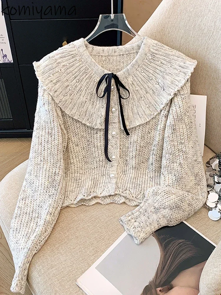 Peter Pan Collar Ruffles Bow Cardigan Exquisite Button Outerwears Long Sleeve Sweater Woman 2025 Clothing Fall Winter Cardigans