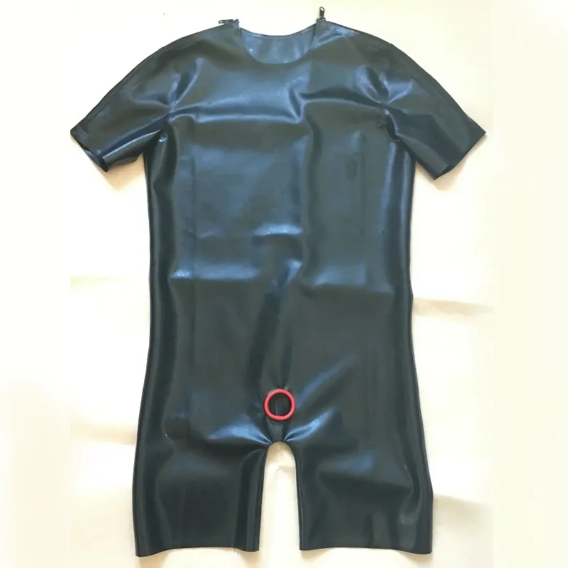 100% Latex Pure Rubber Classic Black Catsuit Sport Bodysuit Men's Jumpsuit with Shoulder Zip 0.4mm