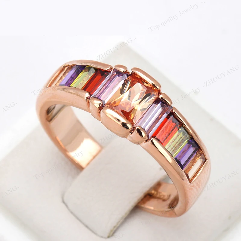 Top Quality Multi Crystal Rainbow Ring Rose Gold Color Jewelry Austrian Crystals Full Sizes ZYR307