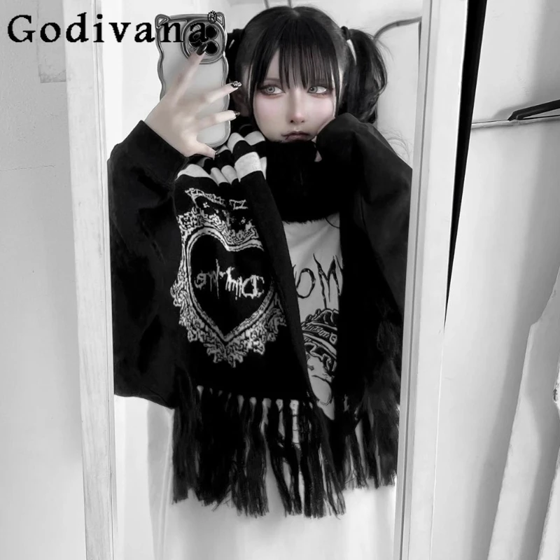 

Черный готический шарф Harajuku Subculture Mine, осенне-зимний новый теплый милый крутой шарф для девочек, женские шарфы в японском стиле панк