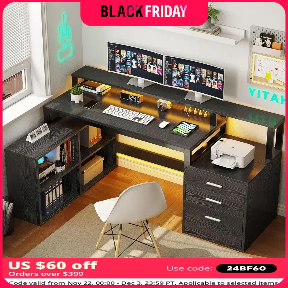 L Shaped Desk with 3 Drawers,65