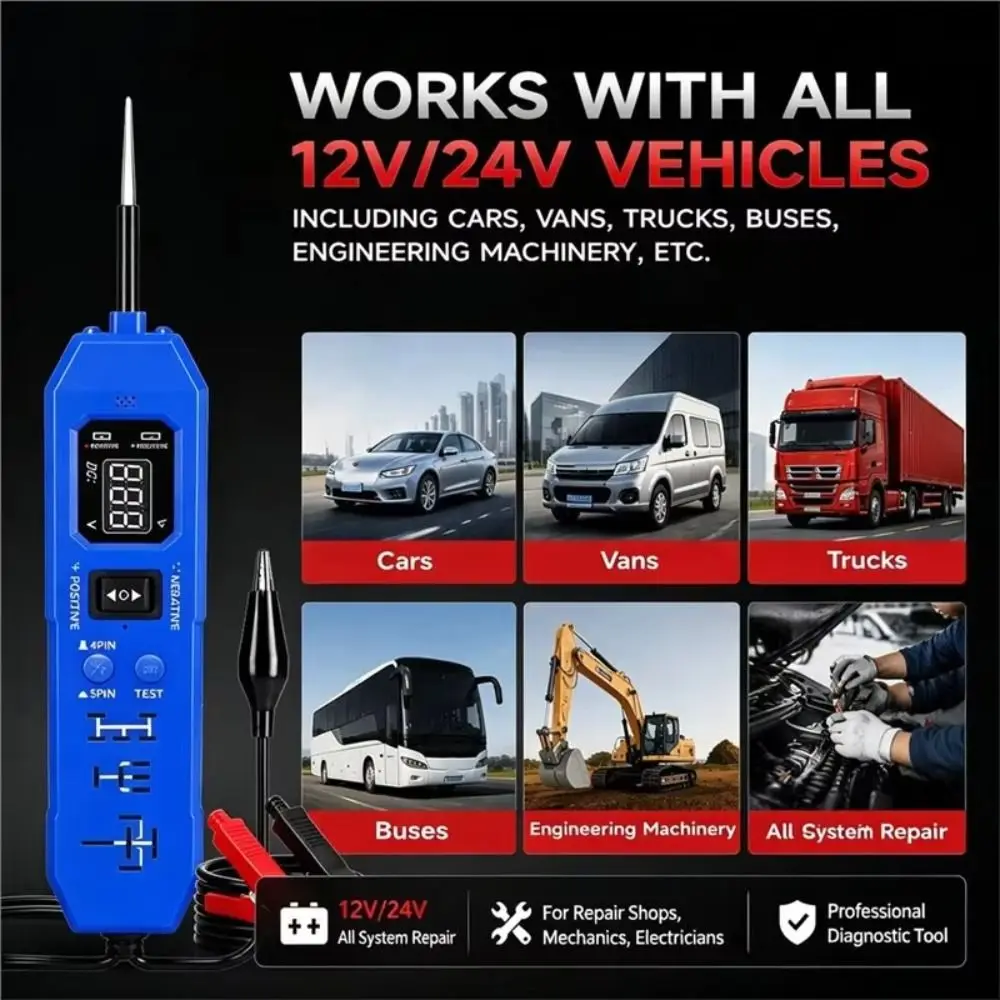 12V/24V Universal Multifunctional Car Circuit Tester Continuity Testing Test Lamp DC Car Power Tester Digital Display