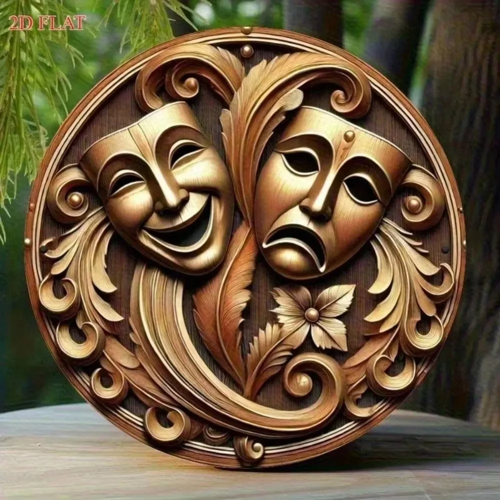 CIFBUY Theatre Masks Comedy Tragedy Round Metal Sign Carving Style 2D Flat Printing Aluminum Plaque Home Decor Gift
