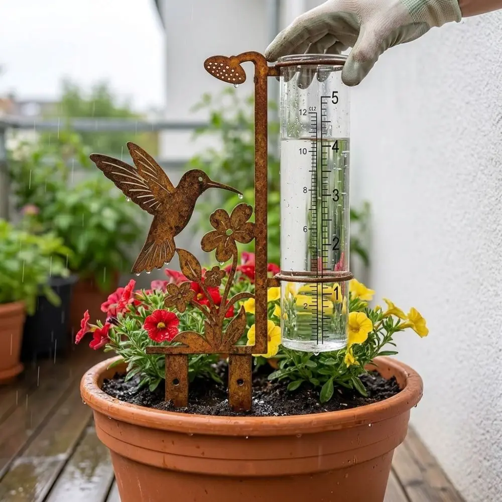 Vintage Flower Bird Metal Rain Gauge Stake Freeze Proof Removable Garden Rain Meter Weather Resistant Large Capacity