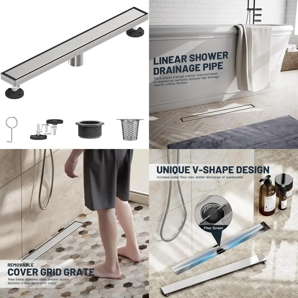 

24 Inch Linear Shower Drain with Tile Insert Grate, Rectangular Stainless Steel Floor Drain for Bathroom