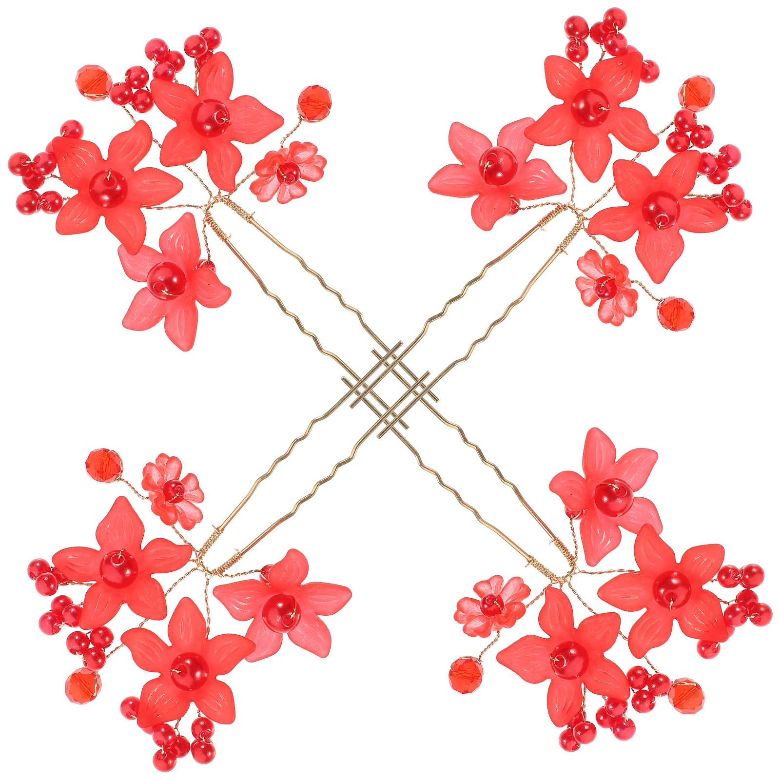 

4 Pcs Red Pearl Frosted Flower Hair Sticks Women Accessories for Buns Bride Wedding Party Hair Decorations Acrylic Metal
