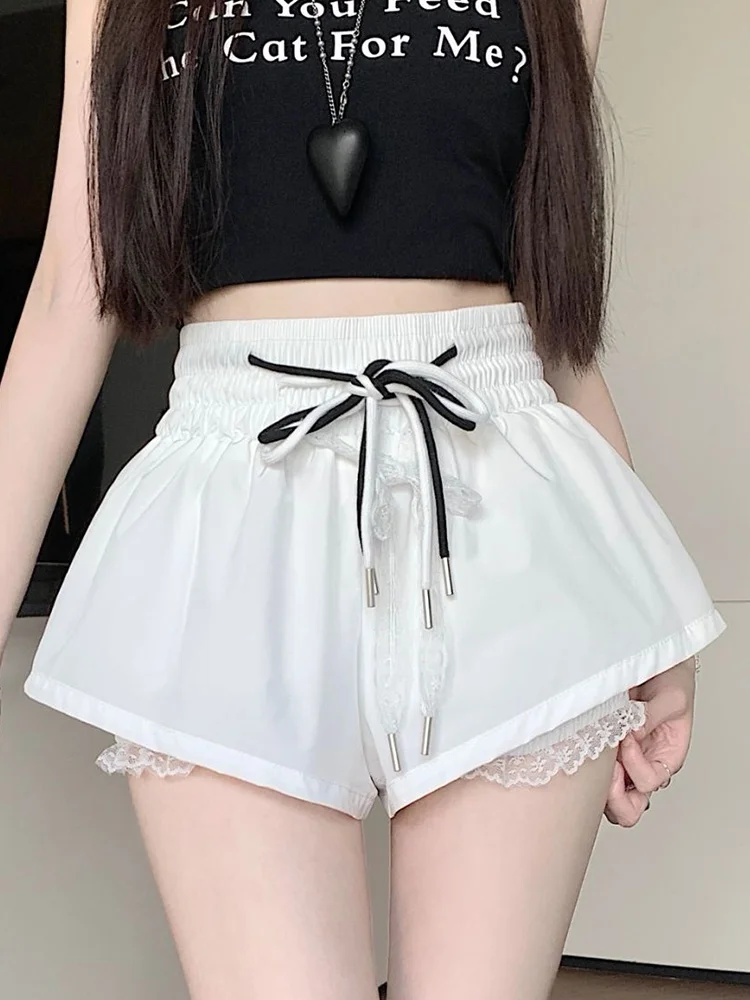 Pantalon décontracté en dentelle à jambes larges pour femmes, ligne a fine, amincissant, blanc, taille haute, ventre, longueur au quart, été