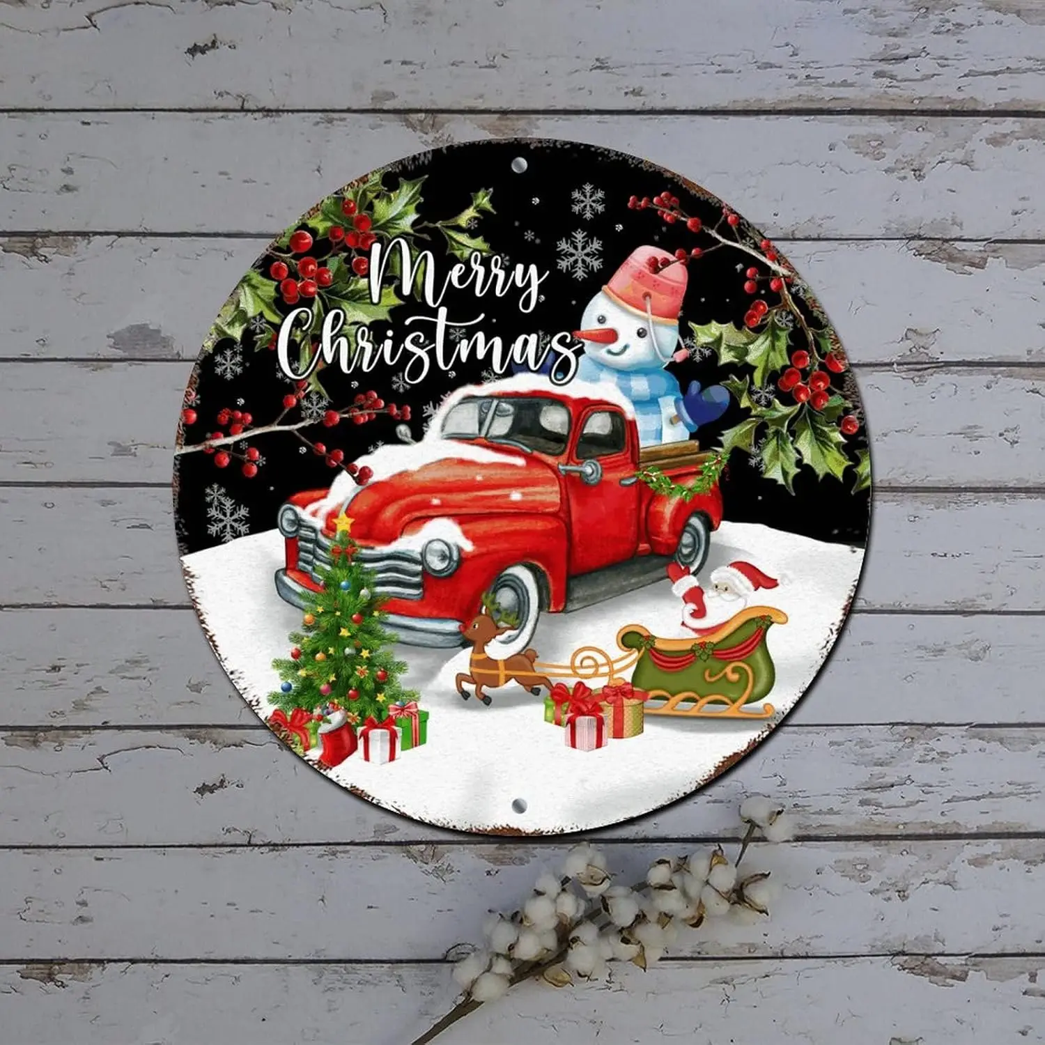 Merry Christmas Wreath Sign Vintage Red Truck Snowman Holly Round Metal Tin Sign Christmas Hanging Decorations Vintage Aluminum